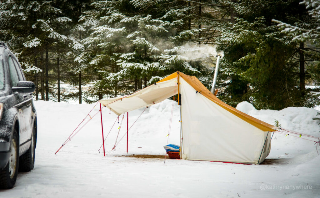 Hot tent winter camping in Mew Lake campground at Algonquin Provincial Park