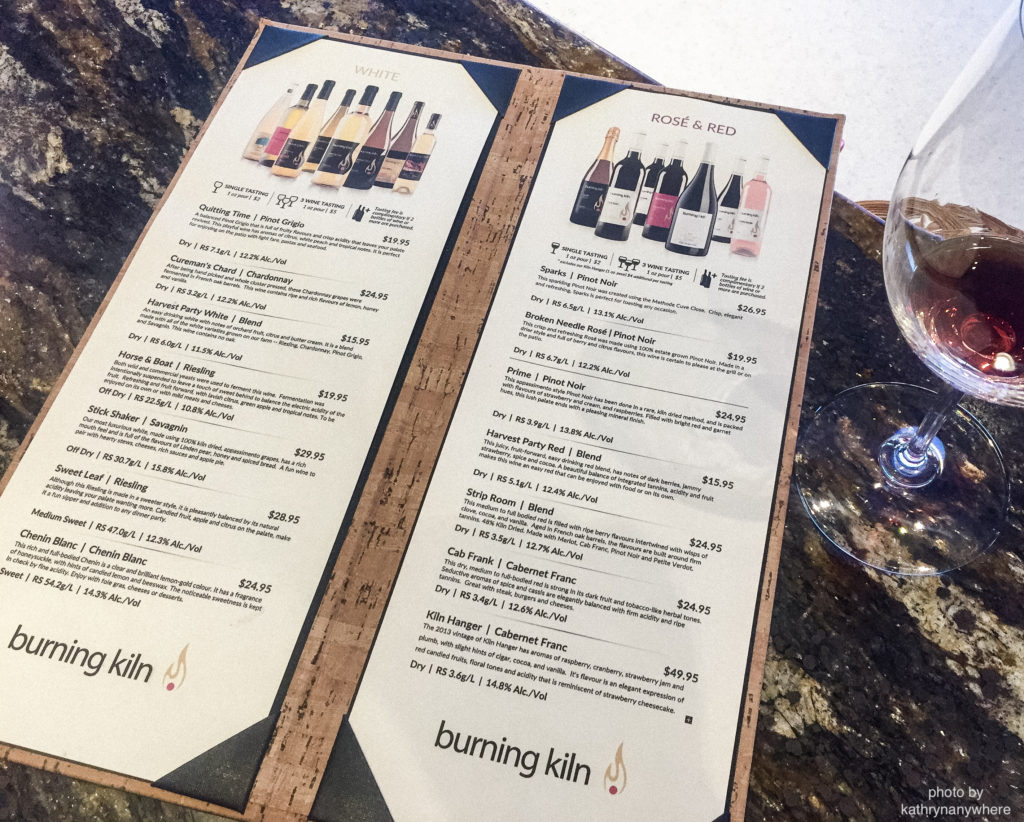 white, rose and red wine tasting list