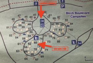 Birch Boulevard Campground Park map for facilities and camping at MacGregor Point Provincial Park. Yurt #60 and comfort station highlighted. #findyourselfhere #macgregorpointprovincialpark #macgregorpoint #macgregorpp #ontarioparks #yurtcamping #wintercamping #outdoors #adventureparenting #portelgin #brucepeninsula