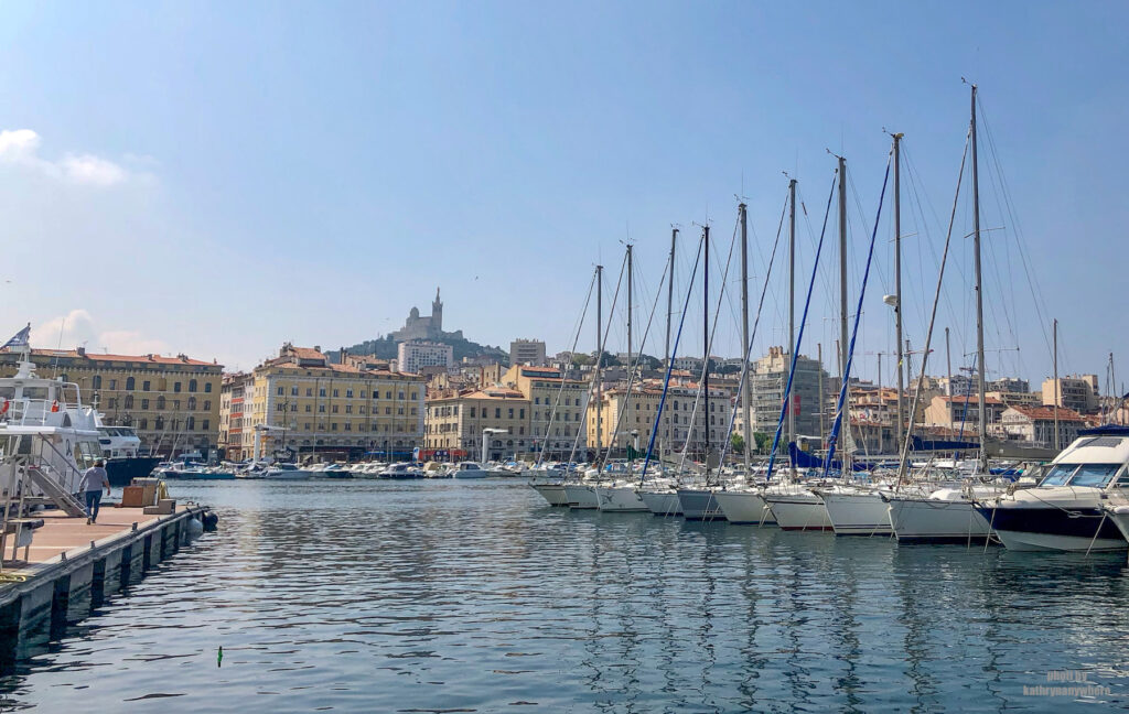 Notre Dame de la Garde from the old port area in Marseille, France