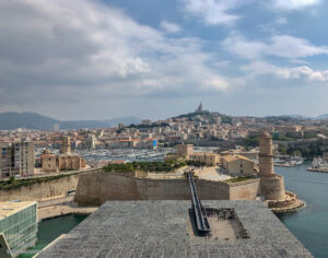 view of Marseille, France from the top of the ferris wheel in the old part area