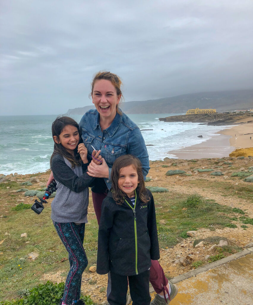 The kids and I outside of the town of Cascais on the Atlantic Ocean. With some common sense, you too can enjoy family travel with my travel safety tips.
