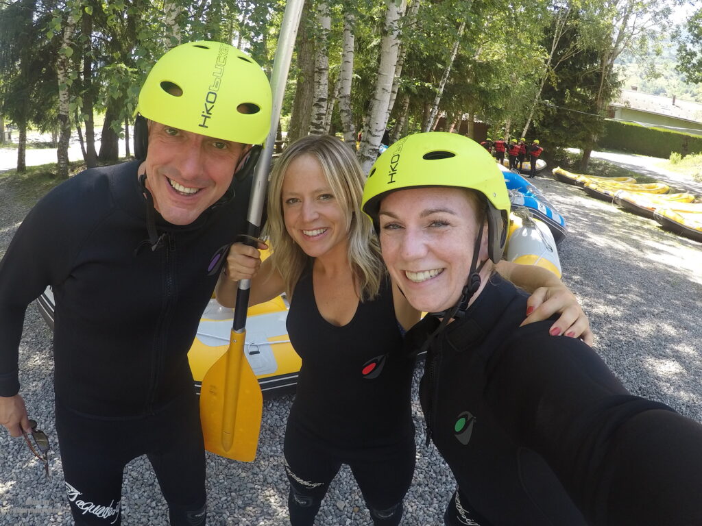 Mark, Jenny Jones and myself before we go white water rafting on the Isère River, Bourg Saint Maurice, France. Adventure self care in the form of rafting.