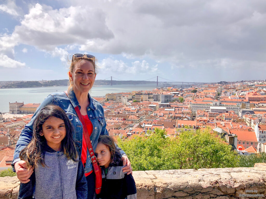 Mom and two children at Lisbon Castle, Castelo Sao Jorge, Portugal