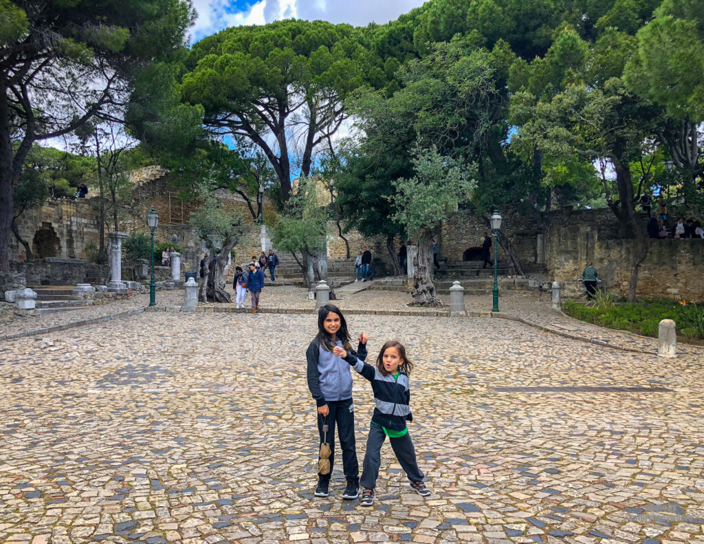 Miss M and Little Man in the garden area. Great views of Lisbon and the Targis River from here