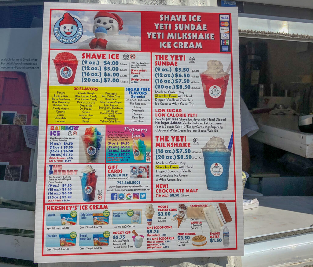 The menu at The Snowman in Portersville, Pennsylvania