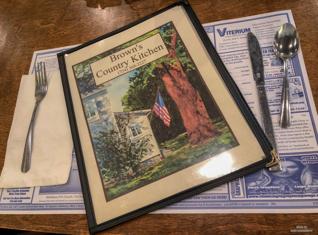 The menu from Brown's Country Kitchen in Portersville, PA