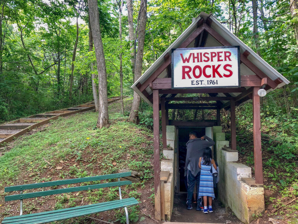 Whisper rocks sign at Lincoln Caves and Caverns on our guided tour in Pennsylvnia
