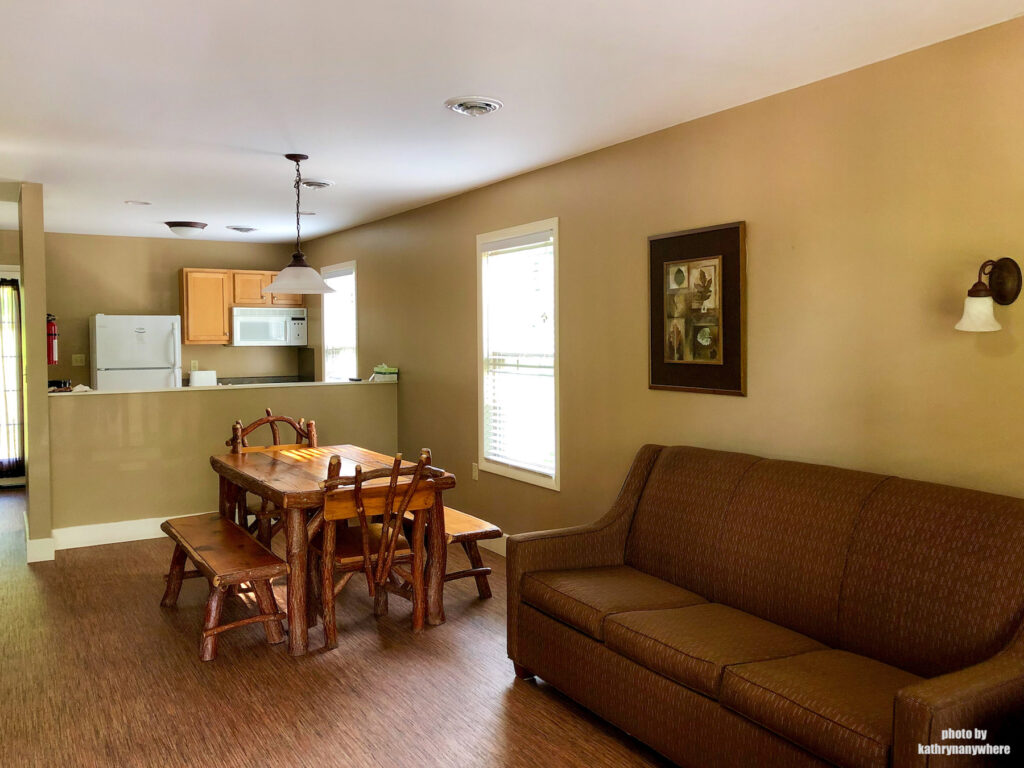 Living room and kitchen inside 2 bedroom cottage at Lake Raystown Resort