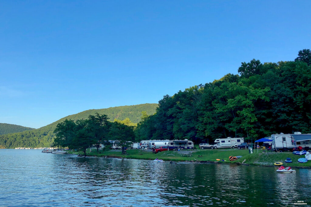 RV sites at Lake Raystown Resort as seen from the water