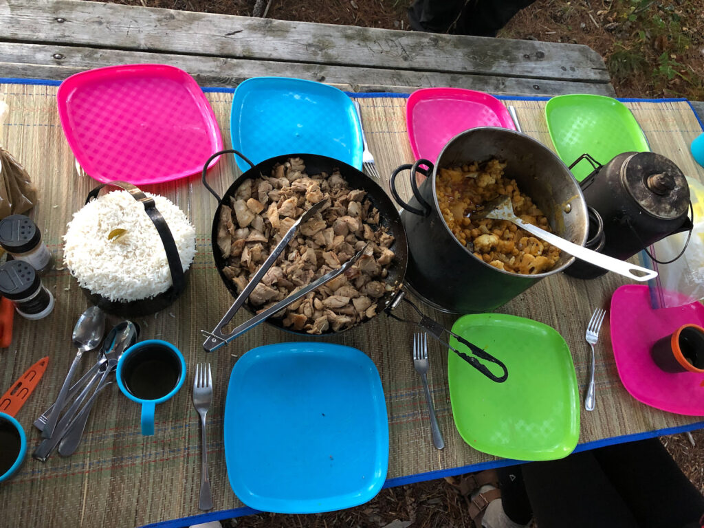 Huge group meal of butter chicken prepared by our guide, Andrew from The Land Canadian Adventures on the Serpentine Loop in Kawartha Highlands Provincial Park.