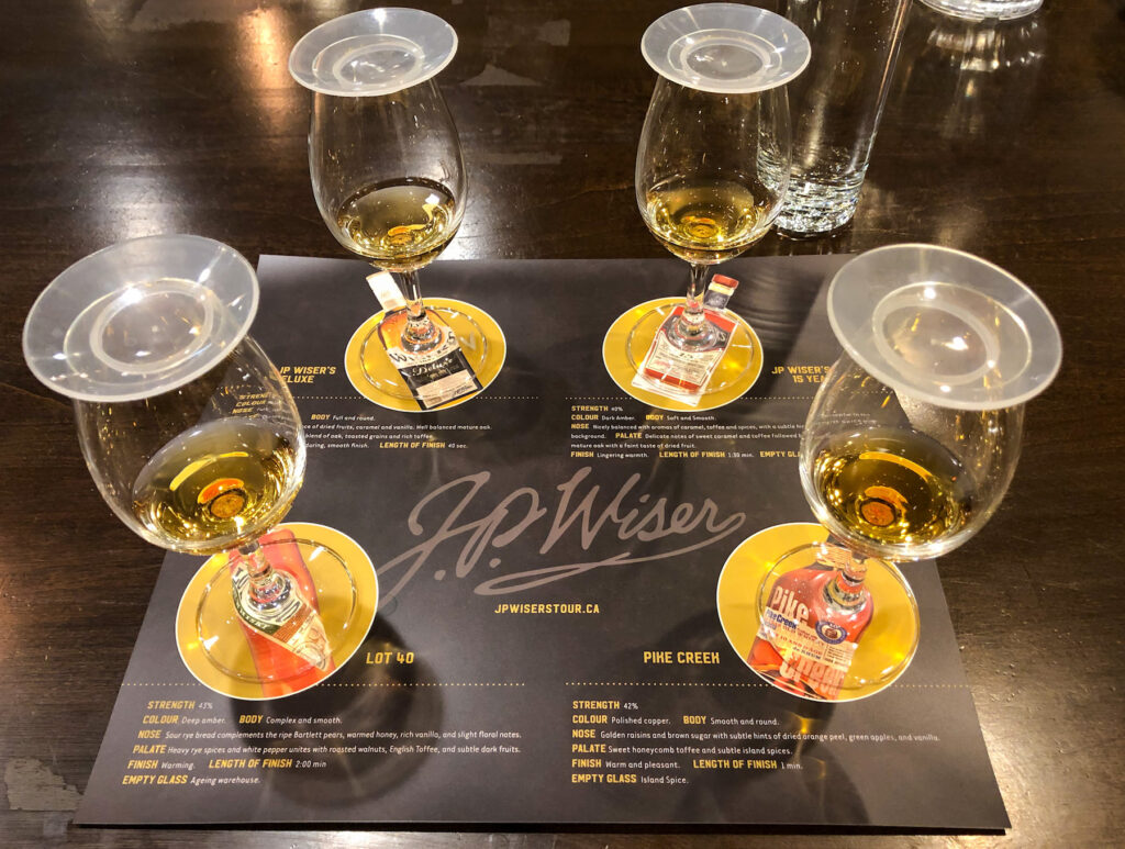 The whiskey tasting selection at J.P. Wiser's distillery experience - we tasted J.P. Wiser's Deluxe, J.P. Wiser's 15 year old, Lot 40 and Pike Creek.