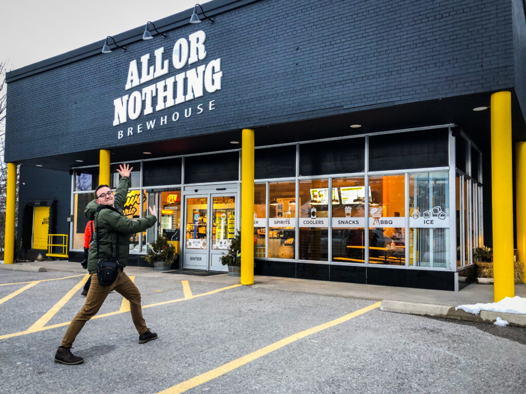 Stop number one on the brewery tour - All or Nothing Brewhouse with TravelingMitch very excited to go in!
