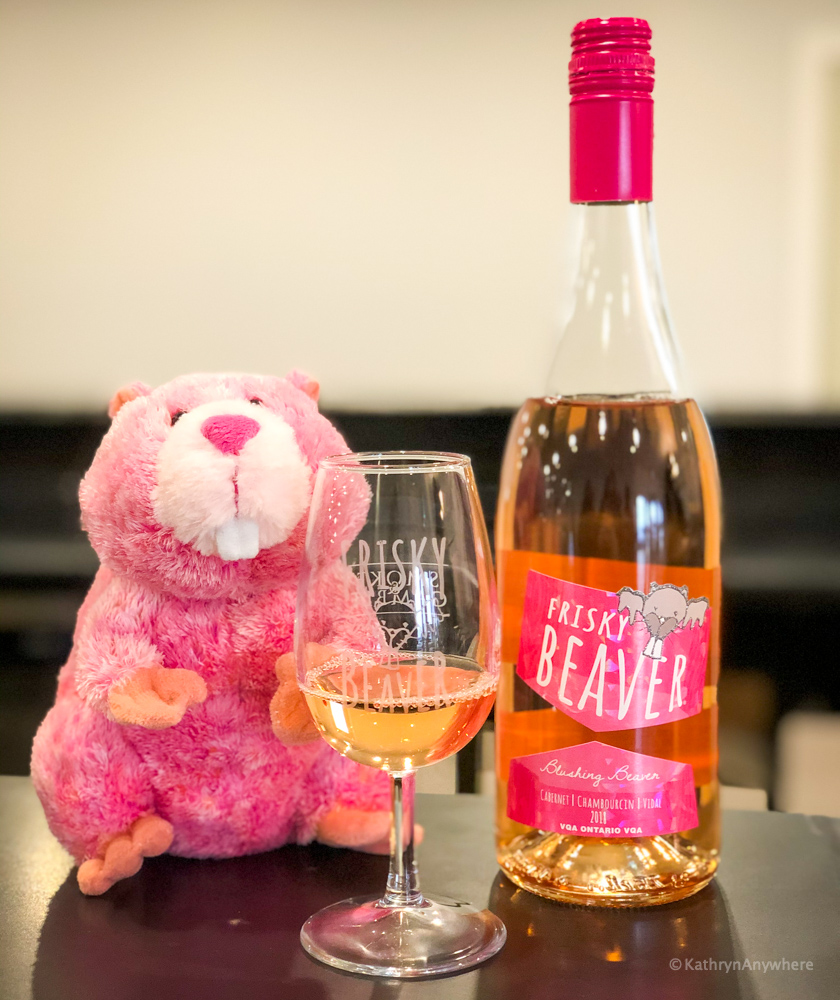 Frisky Beaver Blushing Beaver wine bottle at Dover 13, winery in Norfolk County