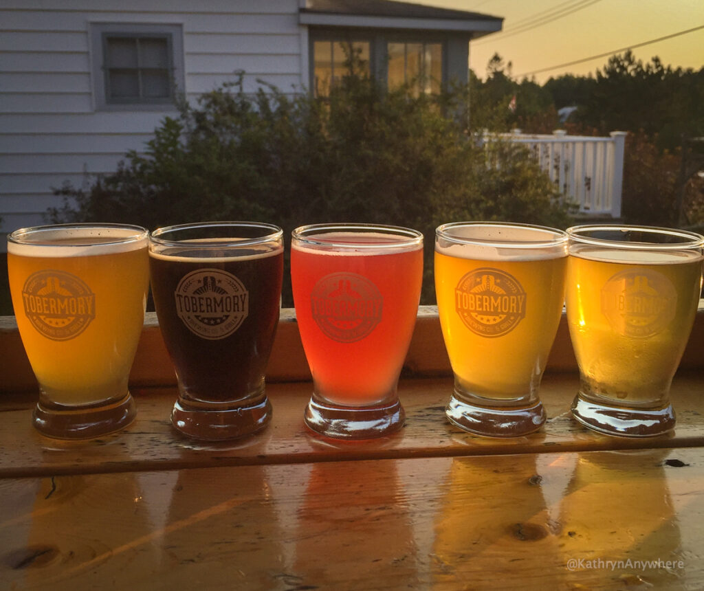 Tobermory Brewery Flight Sampler on the patio facing the sunset