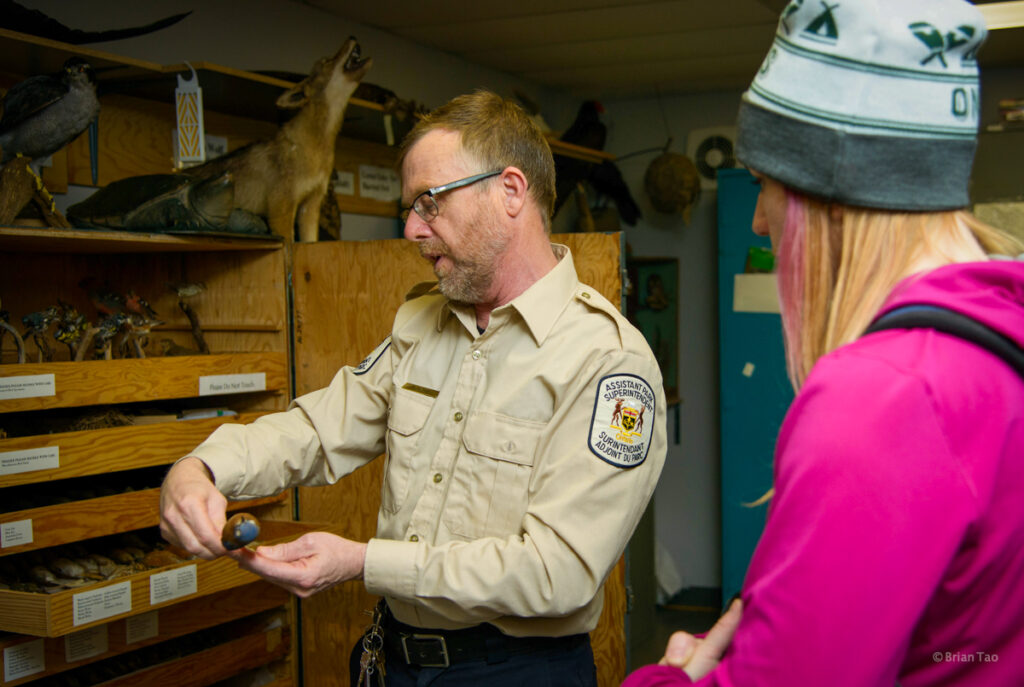 Algonquin Park visitors centre chief naturalist and assistant park superintendent, Rick Stonks behind the scenes tour with Kathryn