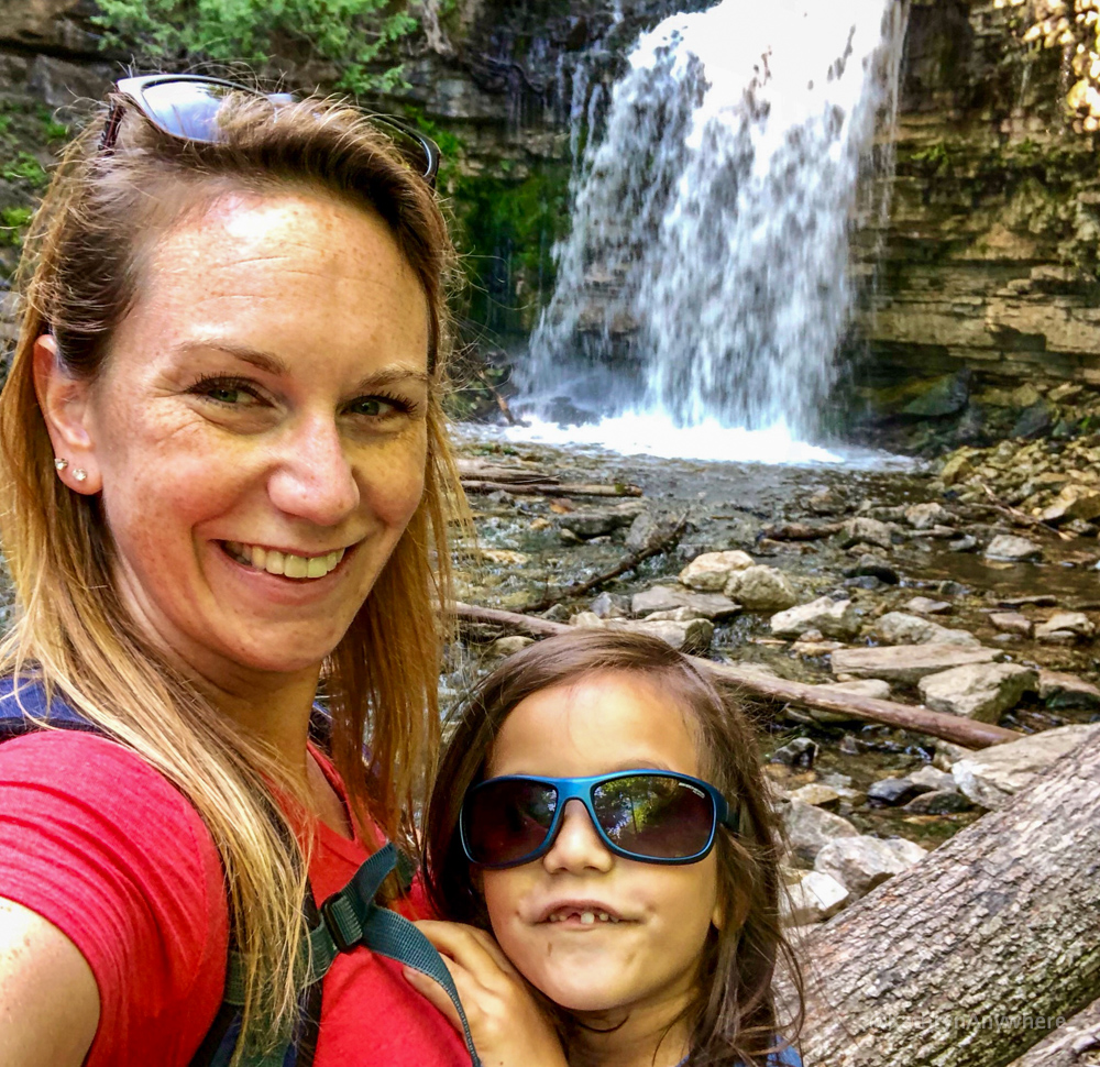 Hilton Falls, Milton. The author taking a selfie in front of the waterfall with kid