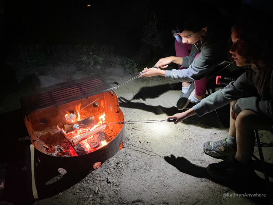 Roasting marshmallows at campsite while learning to camp at Six Mile Provincial Park
