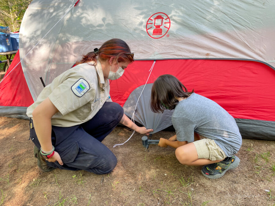Six Mile Lake Provincial Park Learn To Camp, setting up a tent