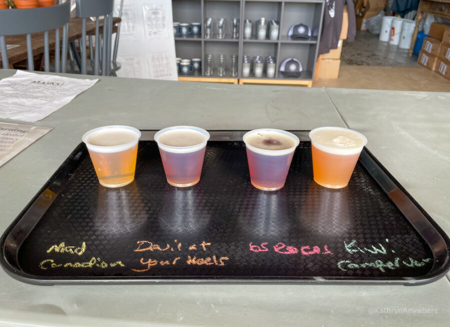 Beer flight at Humble Beginnings Brewery. The beers are Mad Canadian, Devil at Your Heels, 65 Roses Red IPA and Kiwi Campervan