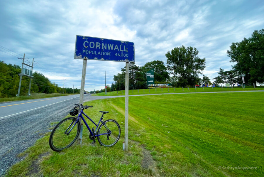 Cornwall City Sign at Guidon Park with a purple bike parked in front of it on the Waterfront Trail