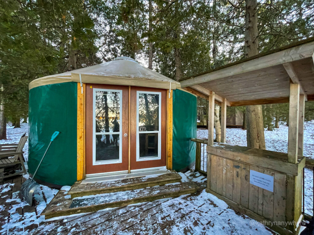 Cyprus Lake Bruce Peninsula Yurt 4 winter camping exterior from water
