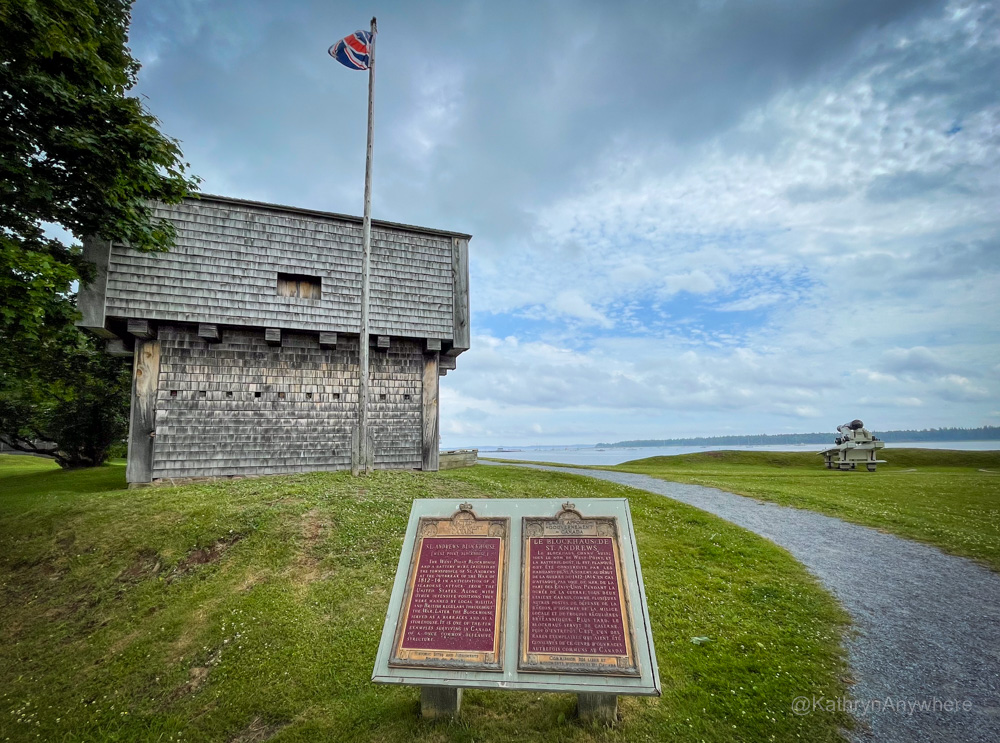 Saint Andrews blockhouse exterior, canon at the ready in the distance with union jack flying on the flagpole