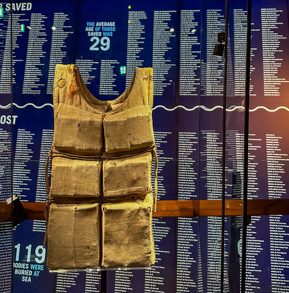 Belfast Titanic lifejacket and names of the survivors and perished