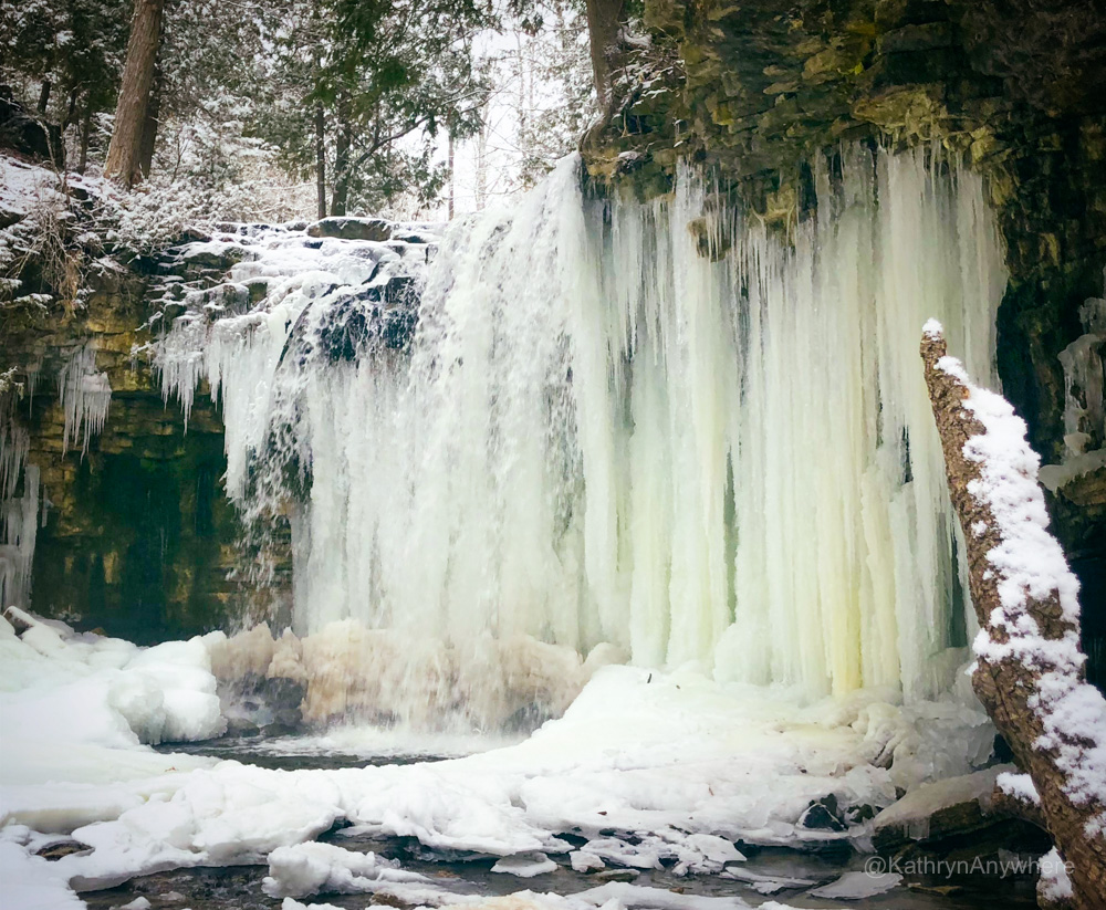 Hilton Falls, a popular Ontario waterfall in winter, outside of Milton, Ontario