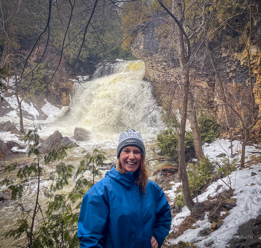 The author across from Jones Falls, an Ontario waterfall outside of Owen Sound in winter