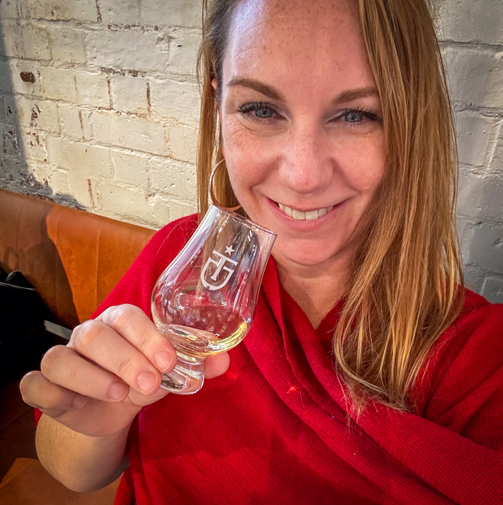 the author Tasting Titanic Distillers whiskey in the Titanic Quarter, Belfast