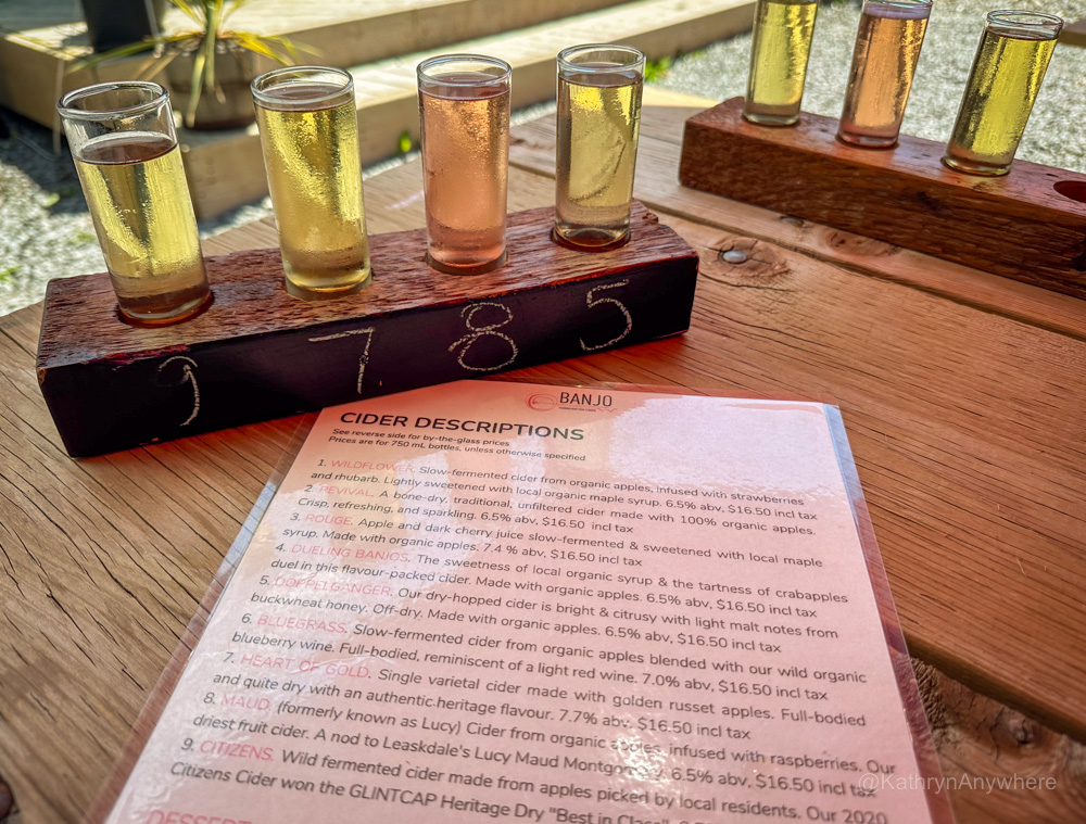 Banjo Cider flight and menu on Rural Route Tour Company day trip from Toronto