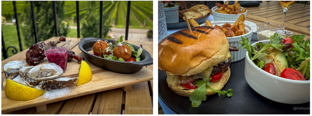 Vignoble Rivière du Chêne appetizer and burger