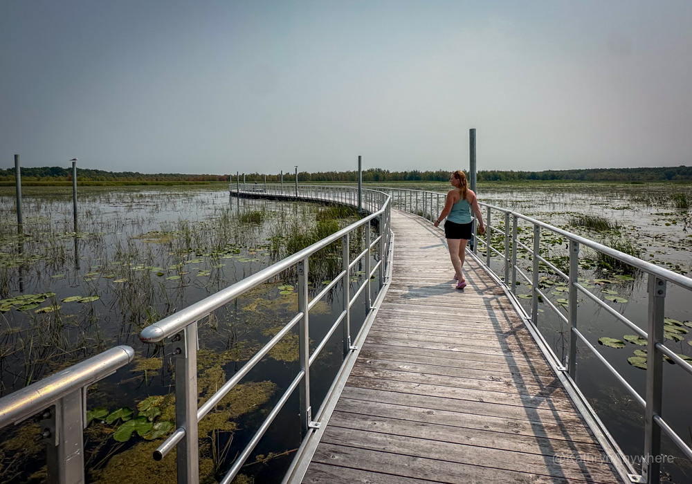 Oka National Park Kat on boardwalk walking away on Grande Baie Trail - things to do in Oka