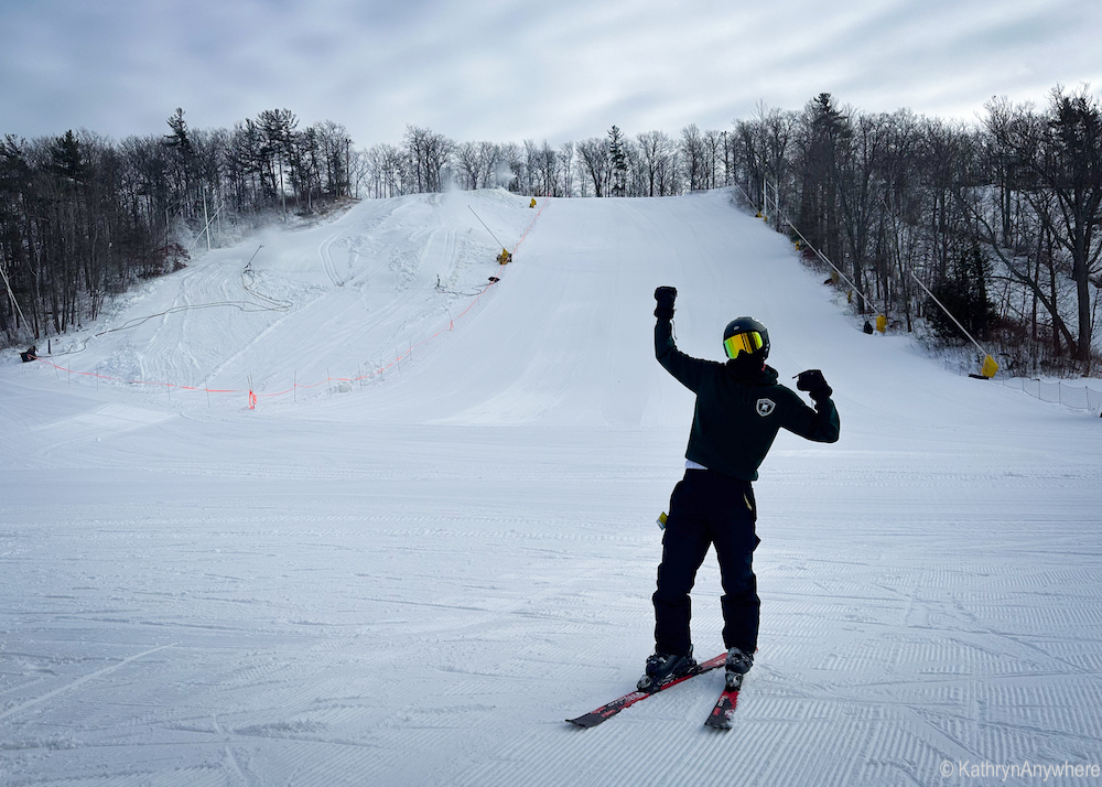 skiier at the bottom of smokey run at Batawa Ski Hill