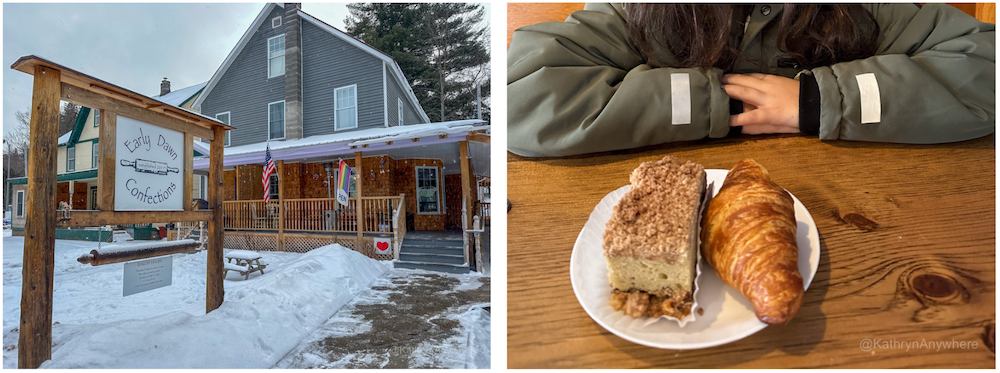 Early Dawn Confections exterior and baked goods in Saranac Lake
