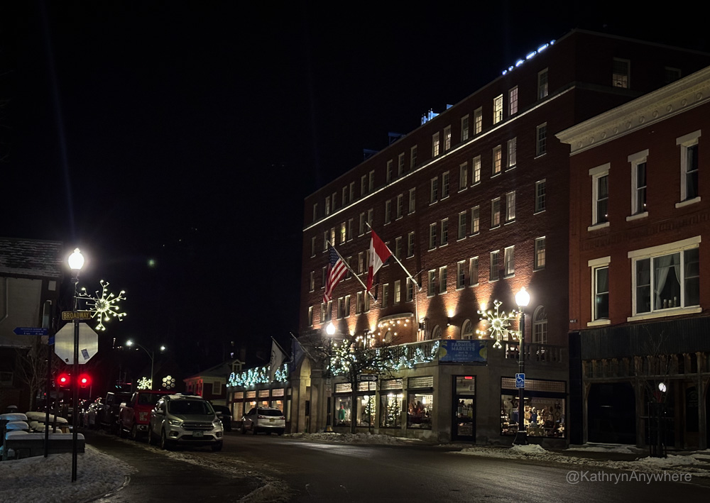Hotel Saranac exterior nighttime in Saranac Lake