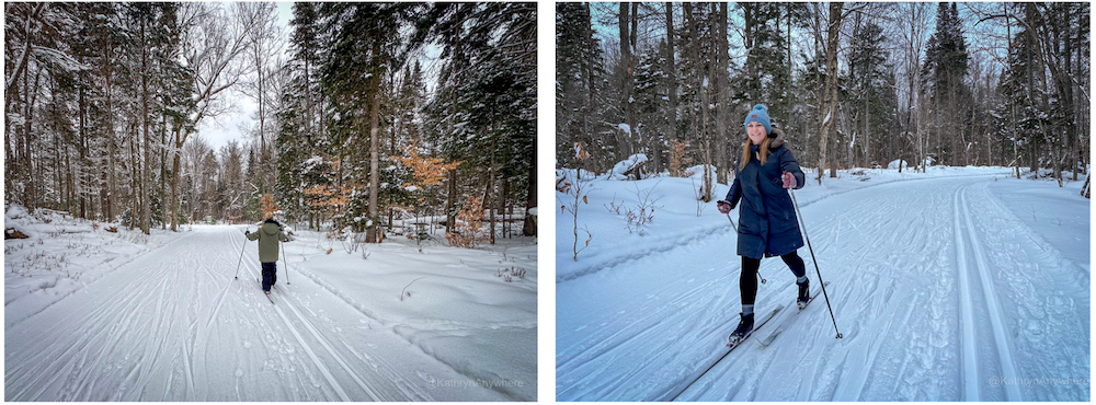 Paul Smiths XC skiing - boy skiing away on groomed trail. Woman smiling while skiing.