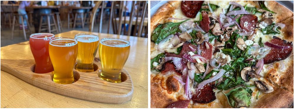 Raquette River Brewing beer flight and white pizza