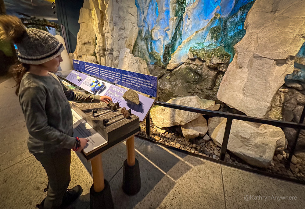 Wild Center interior boy exploring rocks
