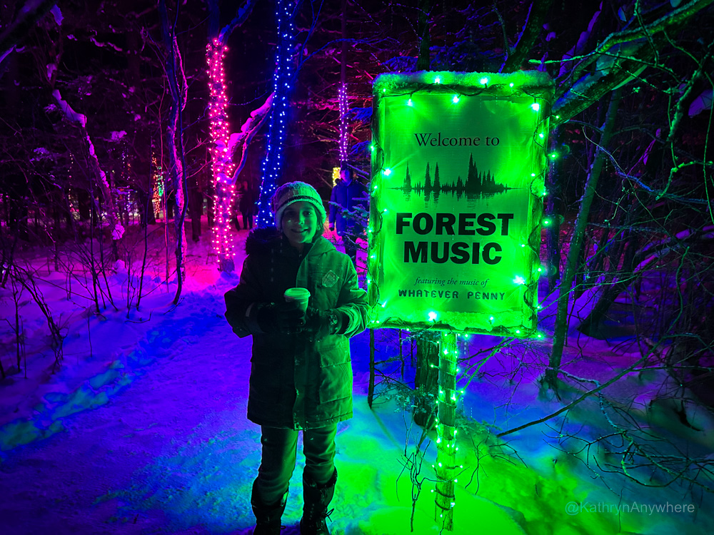 Wild Lights at Wild Center Forest Music boy standing in snow