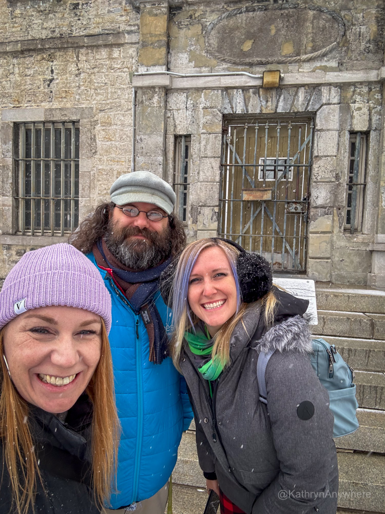 Lanaudière-Mauricie, Authentic Quebec Trois-Rivieres Lindz and Kat with Guide, JP in front of the old prison