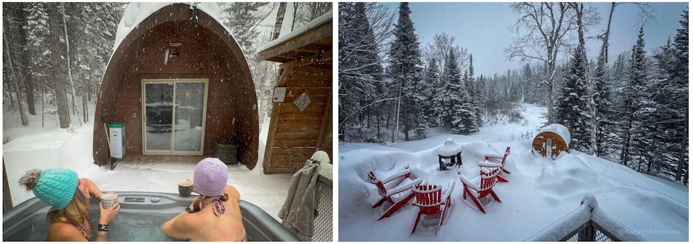 Les Boisés de la Rivière Noire in Le Mésange sauna, firepit and enjoying the hot tub