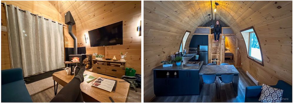 Les Boisés de la Rivière Noire in Le Mésange interior - relaxing by the fire and sitting in the loft