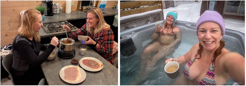 Les Boisés de la Rivière Noire in Le Mésange making fondue and enjoying the hot tub