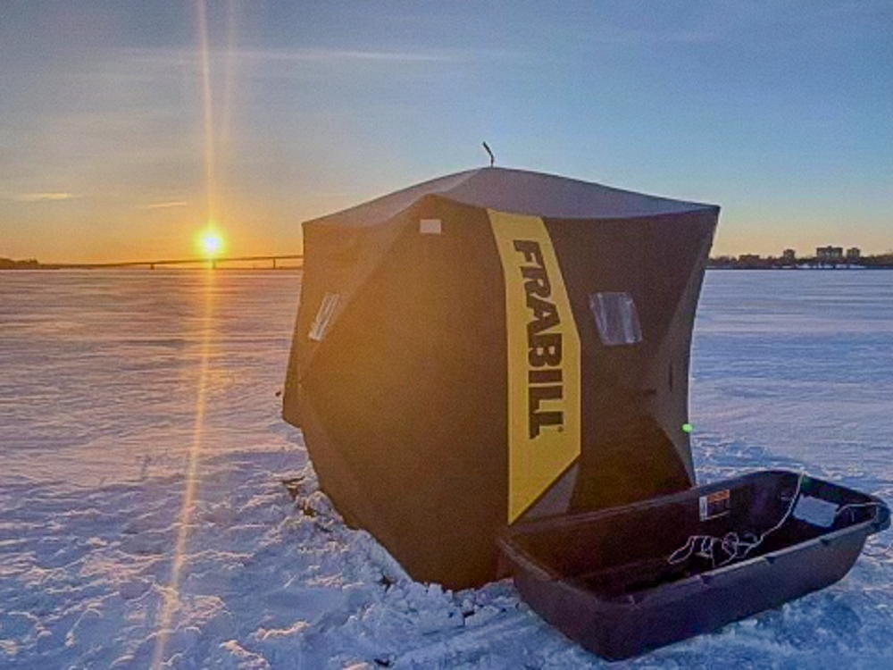 Chris's Ice fishing Hut on the Bay of Quinte jigging for Wall Eye. Could this be one of the best places to have sex outside in Ontario?