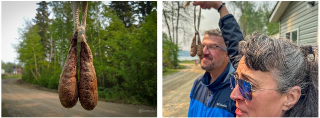 Beaver Balls at Kâniyâsihk Culture Camps - Jodi holding them to Kevin's face