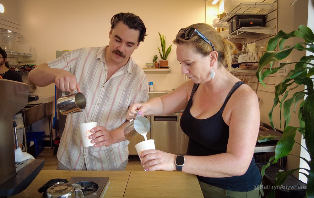 Latte making at Cafe Del Rey with Chef Devereaux Gatin