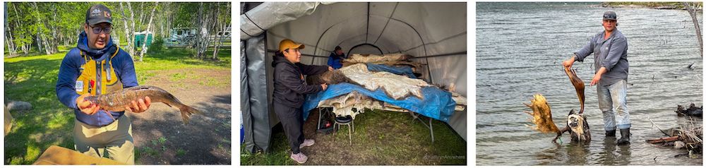kâniyâsihk Culture Camps scenes Kevin explaining the fish, Darla showing us her hides, Zack showing antlers