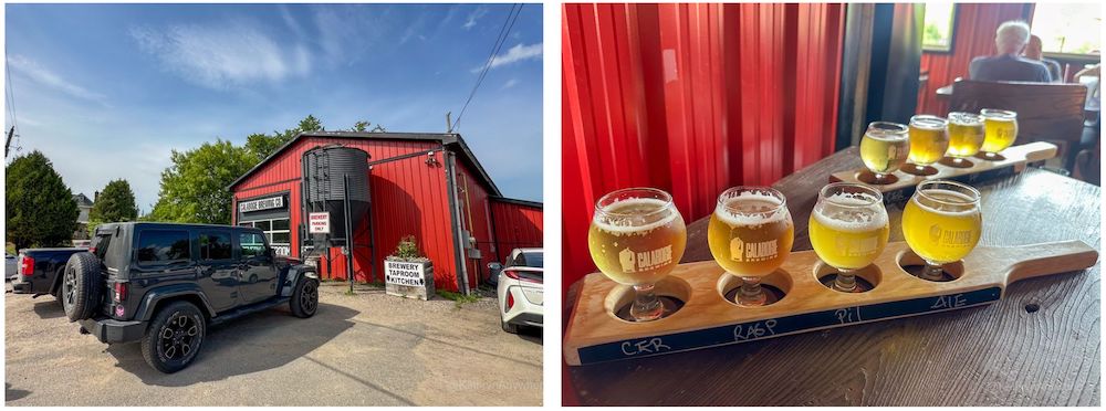 Calabogie Brewery exterior with Jeep parked out front and beer flight